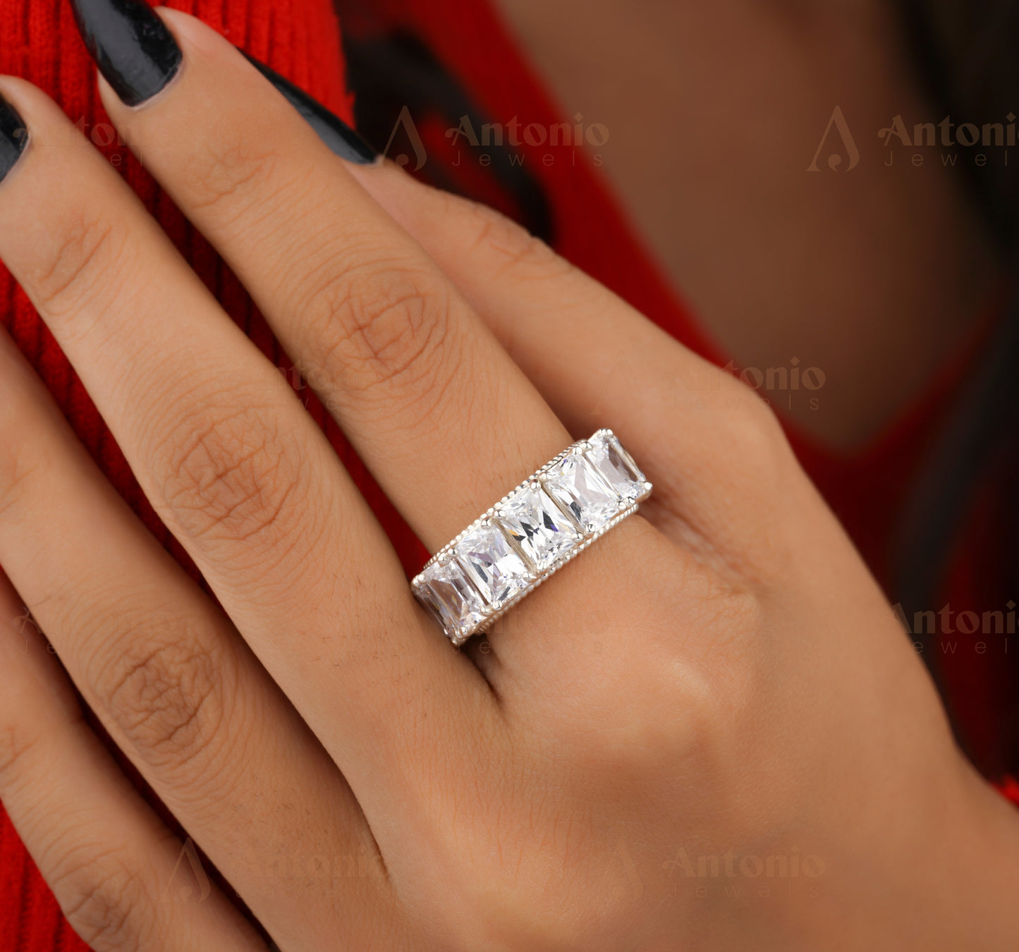 Emerald Cut Natural Moissanite Full Eternity Band