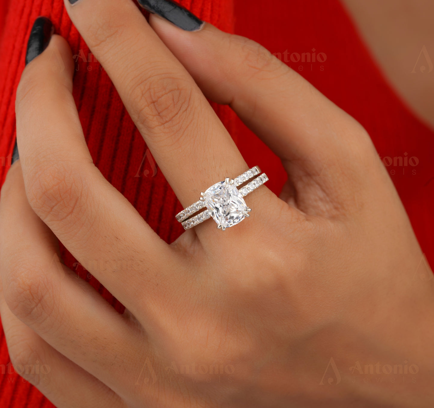 Cushion Moissanite Ring Set, Bridal Engagement Ring Set, 14K White Gold Ring Set