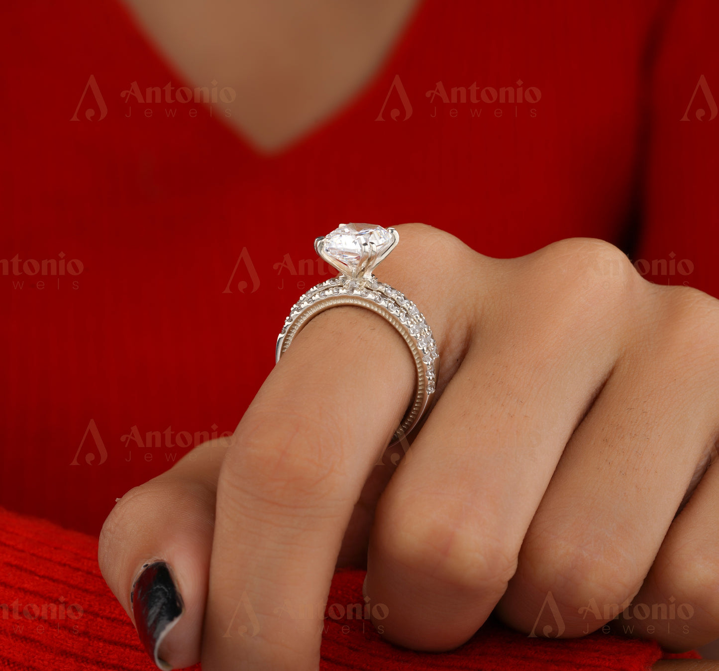 Cushion Moissanite Ring Set, Bridal Engagement Ring Set, 14K White Gold Ring Set
