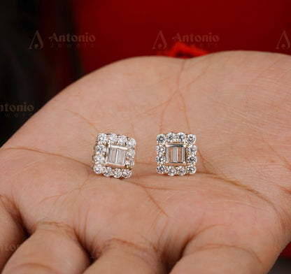 Halo Moissanite Wedding Earring, Baguette Moissanite Earring, 14K White Gold Earring, Solitaire Earring, Gift For Her