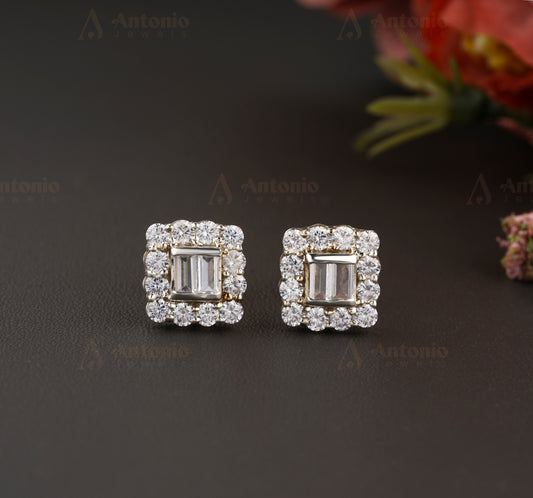 Halo Moissanite Wedding Earring, Baguette Moissanite Earring, 14K White Gold Earring, Solitaire Earring, Gift For Her