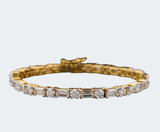 Round & Baguette Moissanite Tennis Bracelet | 925 Sterling Silver + Gold Plated