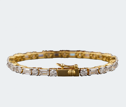 Round & Baguette Moissanite Tennis Bracelet | 925 Sterling Silver + Gold Plated