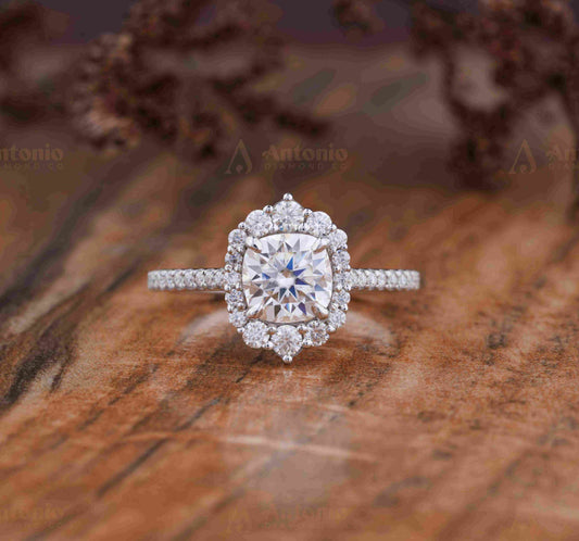 Snowflake Cushion Cut Lab Grown Diamond Bridal Set, Forever One Valentine Unique Flower Gold Ring, Wedding Promise CVD Diamond Halo Ring.