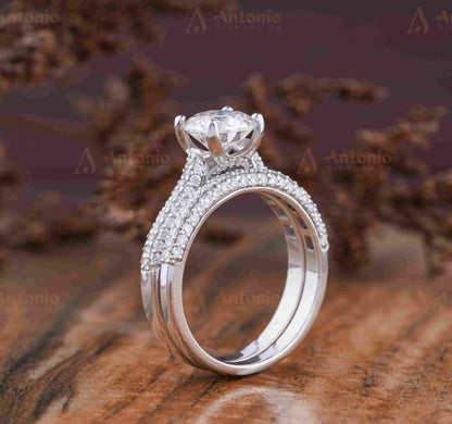 2 CT Round Solid Gold Lab Grown Diamond Engagement Ring Set, Classic Woman's Gold Wedding Ring.