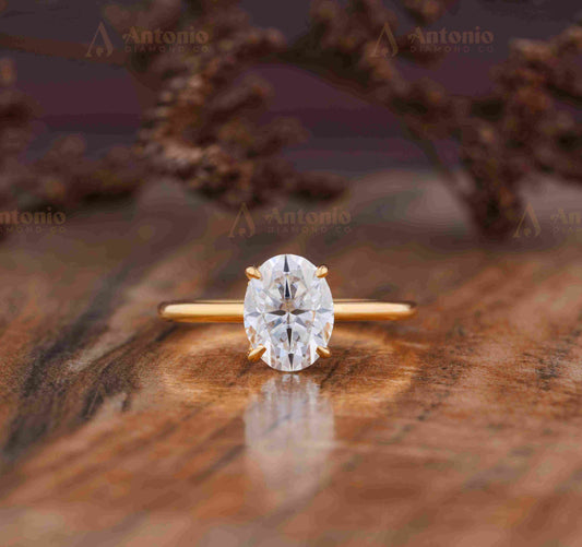 14k Solid Gold Oval Lab Grown Diamond Solitaire Engagement Ring for Women.