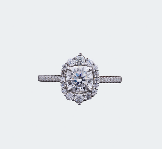 Cushion Cut Moissanite Halo Engagement Ring - Pave Band | Antonio Jewels