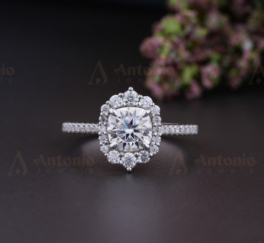 Snowflake Cushion Moissanite Wedding Ring, Floral Cluster Diamond Engagement Ring.