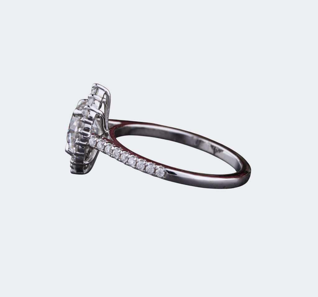 Cushion Cut Moissanite Halo Engagement Ring - Pave Band | Antonio Jewels