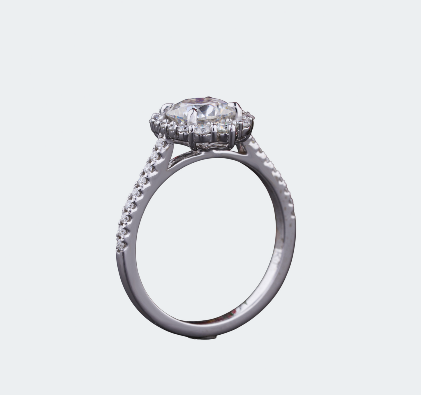 Cushion Cut Moissanite Halo Engagement Ring - Pave Band | Antonio Jewels