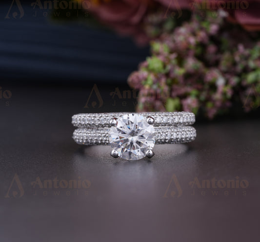 White Gold Round Cut Moissanite Pave Set Engagement Ring For Women's.