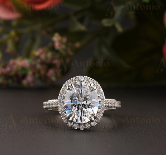 Straight Shank Engagement Ring Oval, Halo Moissanite Ring, Art Deco Unique Ring