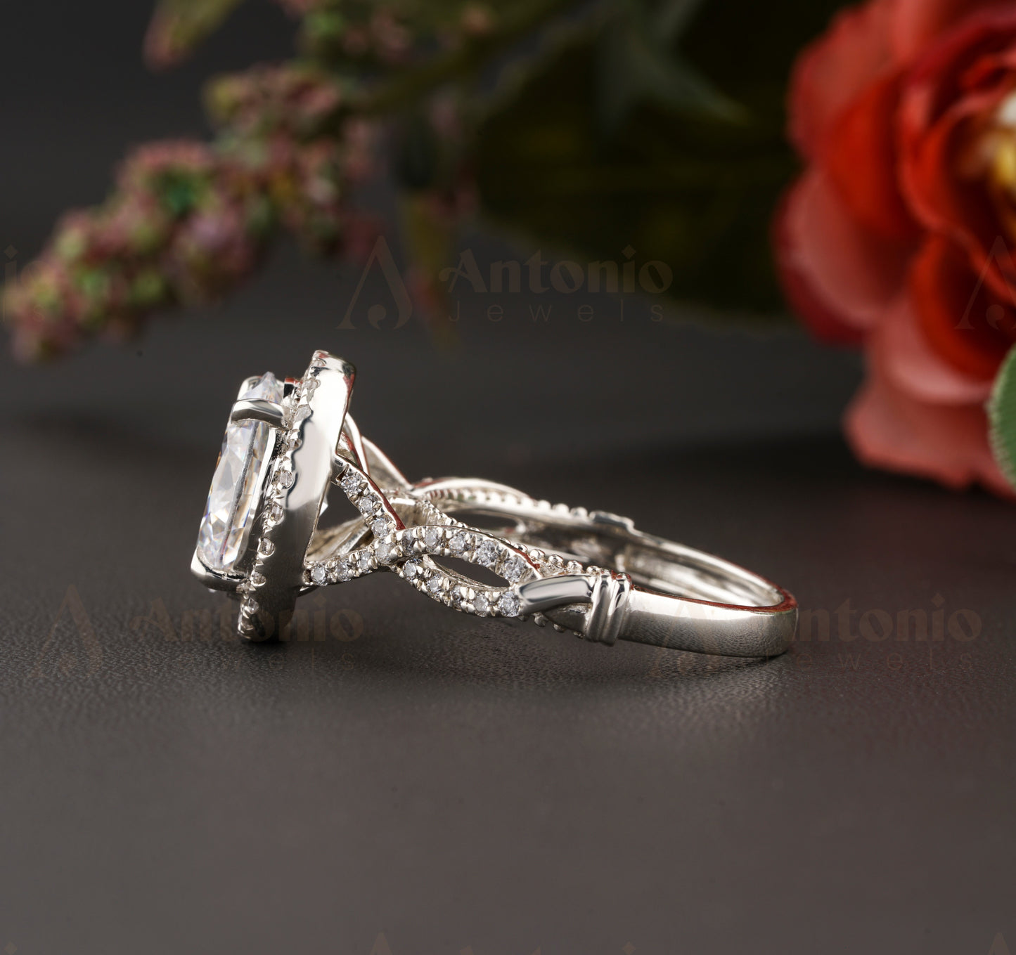 Twig Engagement Ring Oval, Halo Moissanite Engagement Ring, Art Deco Unique Ring