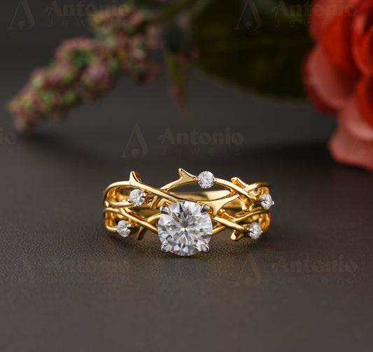 Yellow Gold Bridal Set, Twig Wedding Ring Set, Moissanite Twig Ring,