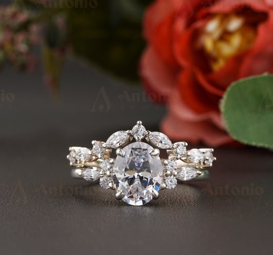 Unique engagement ring set, Oval Moissanite engagement ring in White gold