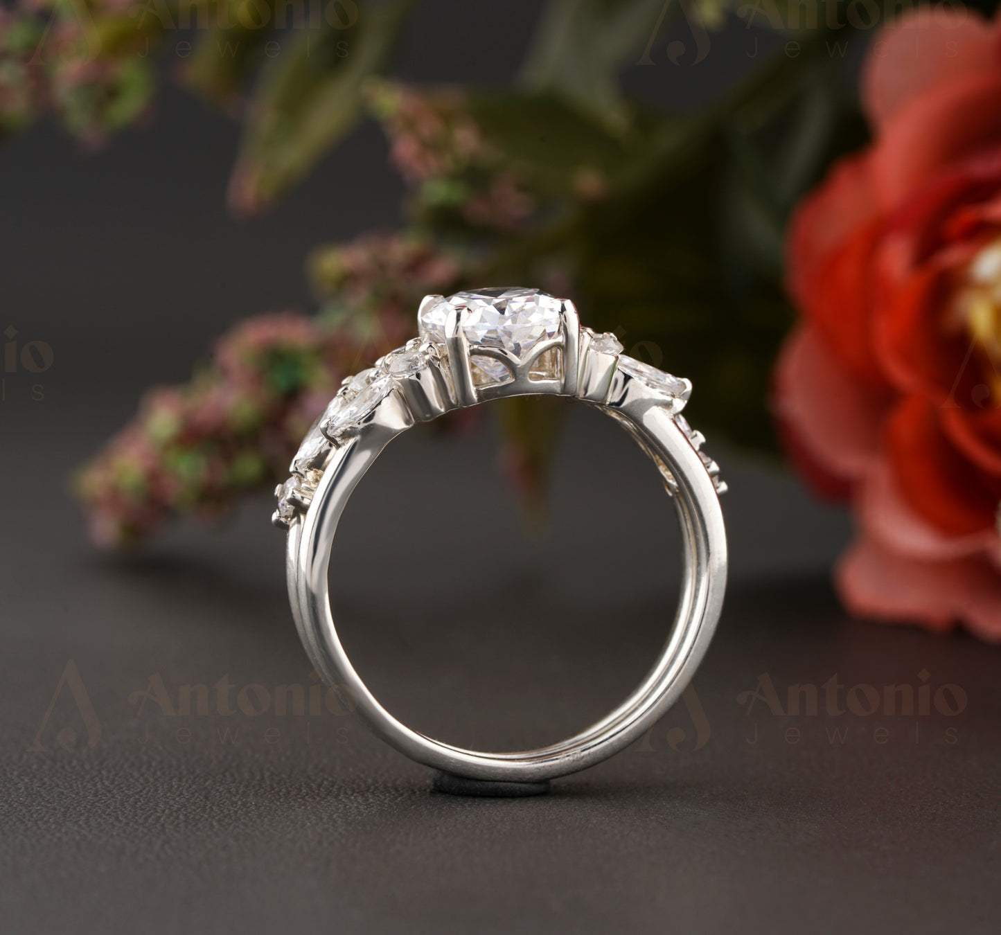 Unique engagement ring set, Oval Moissanite engagement ring in White gold