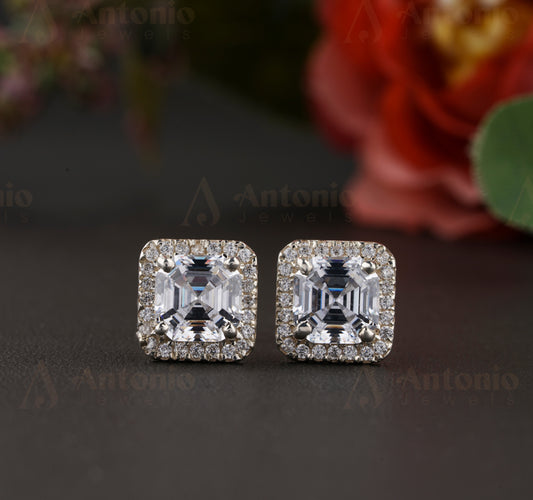 Halo Asscher Moissanite Stud Earrings, Screw back Earring in White Gold, Earring For Women