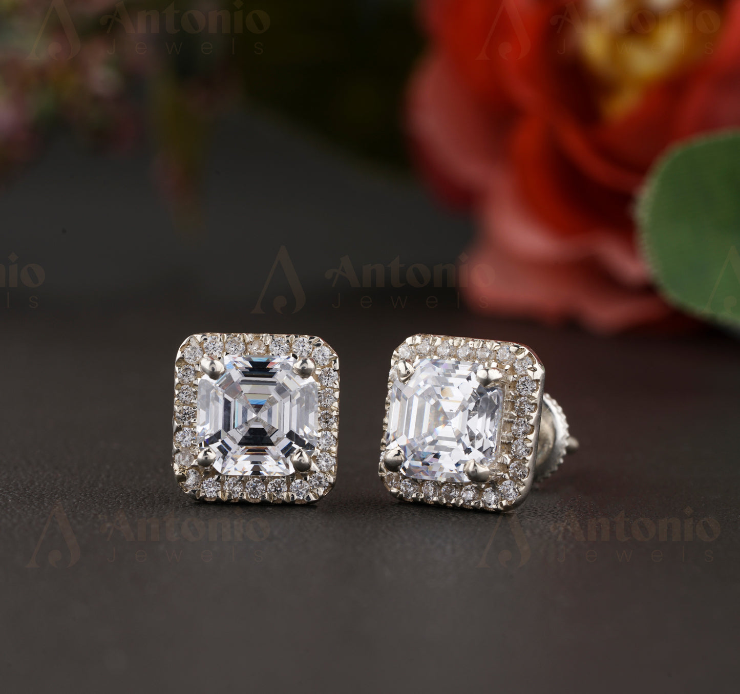 Halo Asscher Moissanite Stud Earrings, Screw back Earring in White Gold, Earring For Women