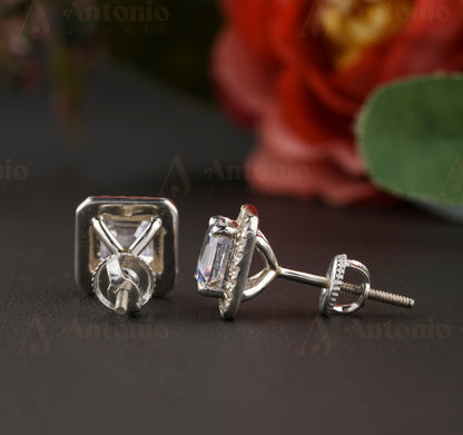 Halo Asscher Moissanite Stud Earrings, Screw back Earring in White Gold, Earring For Women