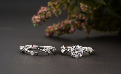 Moissanite Twig Ring, 1 CT Dainty Twig Engagement Set, Twig Wedding Ring Set, White Gold Branch Bridal Set, Nature Engagement Set