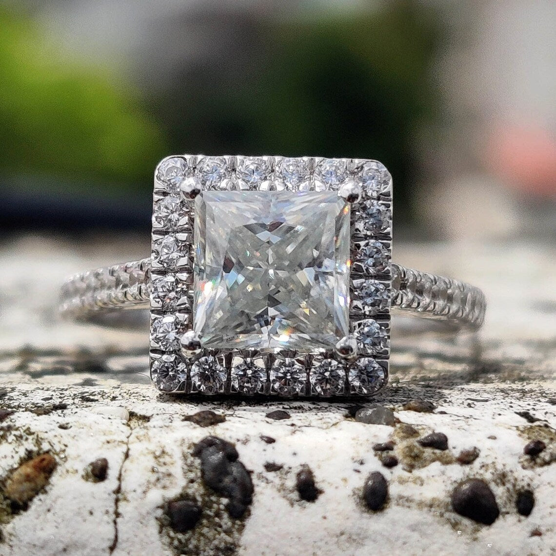 Princess Halo Moissanite Diamond Engagement Ring