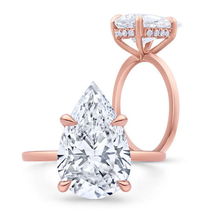 4 Prong Minimalist Pear Shape Diamond Engagement Ring, Hidden Halo Engagement Ring
