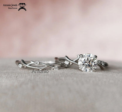 Dainty Twig Branch Moissanite Engagement Ring Set