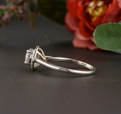 Simple Halo Round Moissanite Diamond Engagement Ring