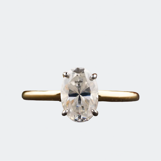 Oval Cut Moissanite Solitaire Ring | Hidden Halo Engagement Ring | Gold Plated Band