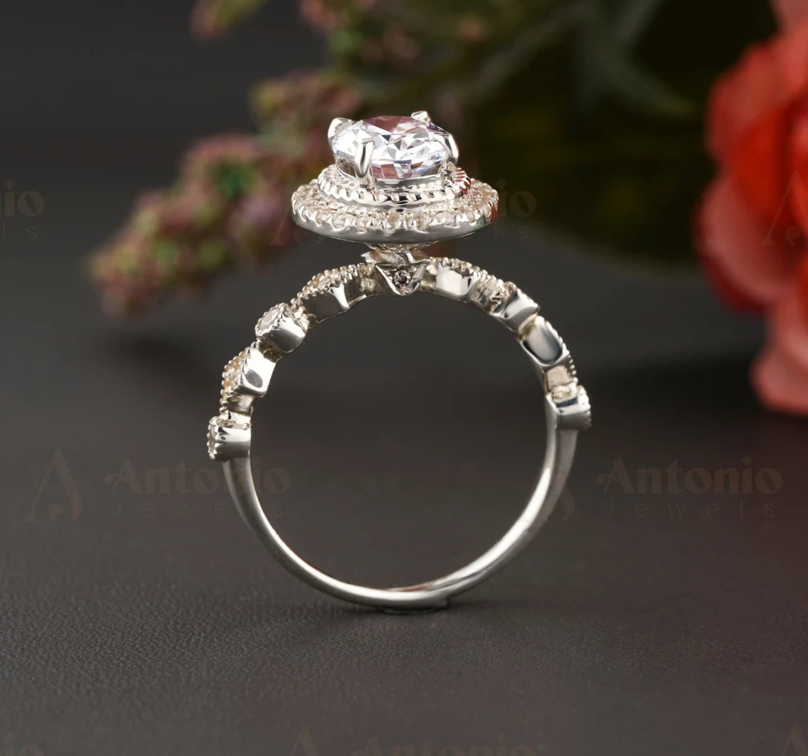 Art Deco Unique Oval Halo Moissanite Diamond Ring