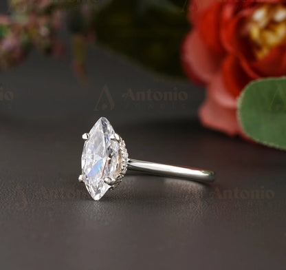 Marquise Cut Hidden Halo Moissanite Diamond Engagement Ring