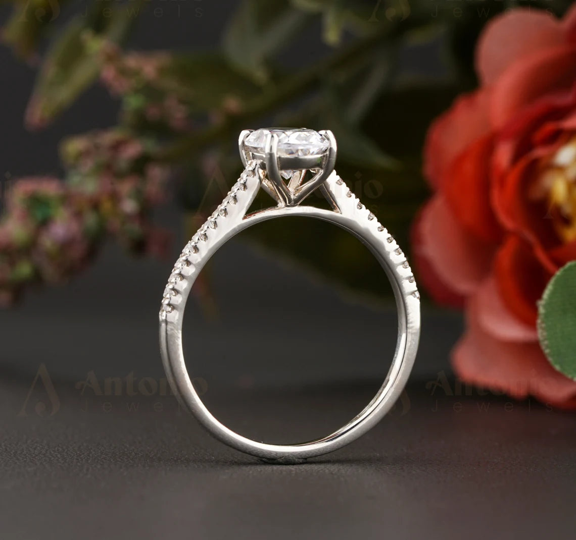 Half Solitaire Oval Cut Moissanite Engagement Ring