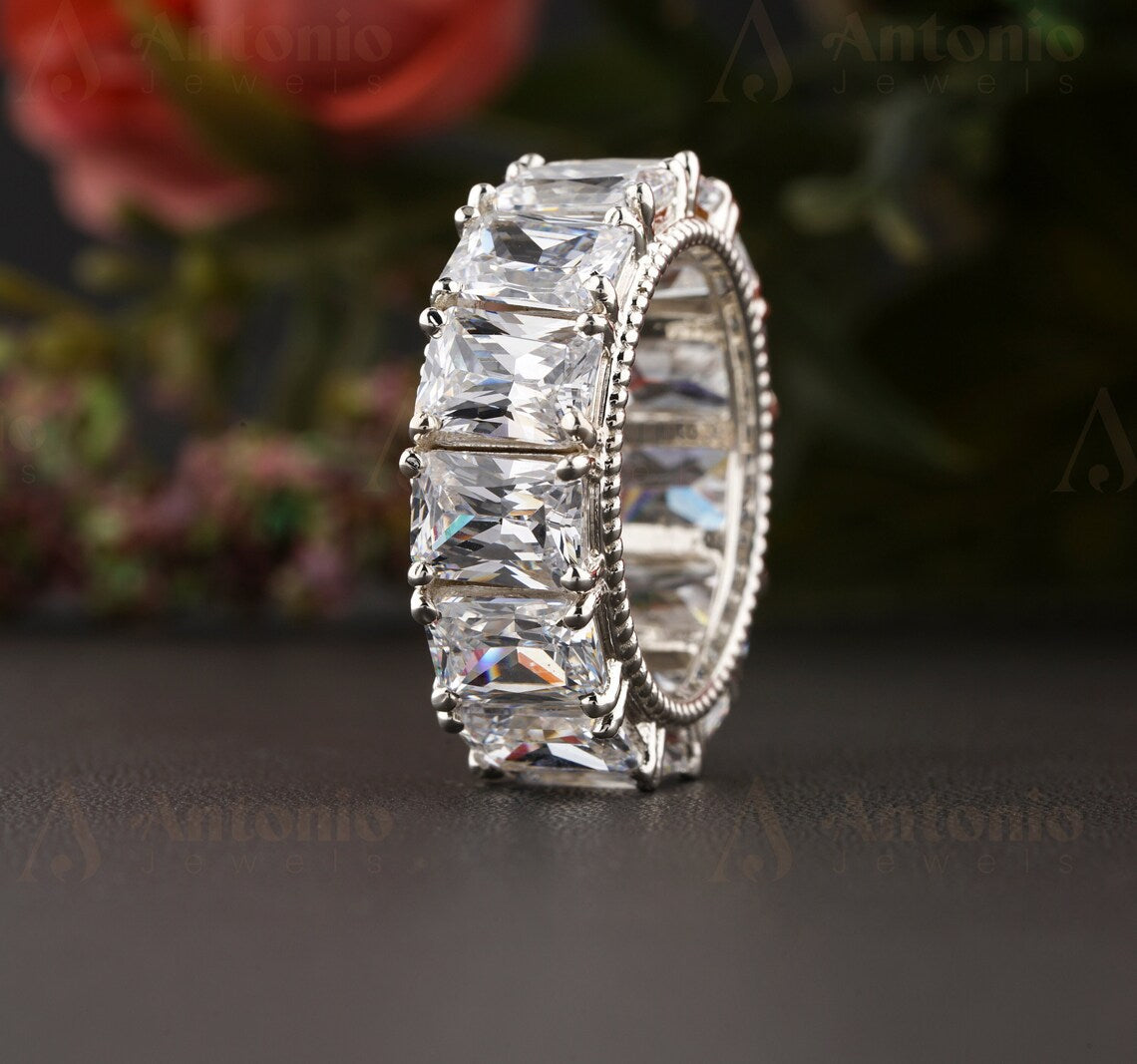 Emerald Cut Natural Moissanite Full Eternity Band