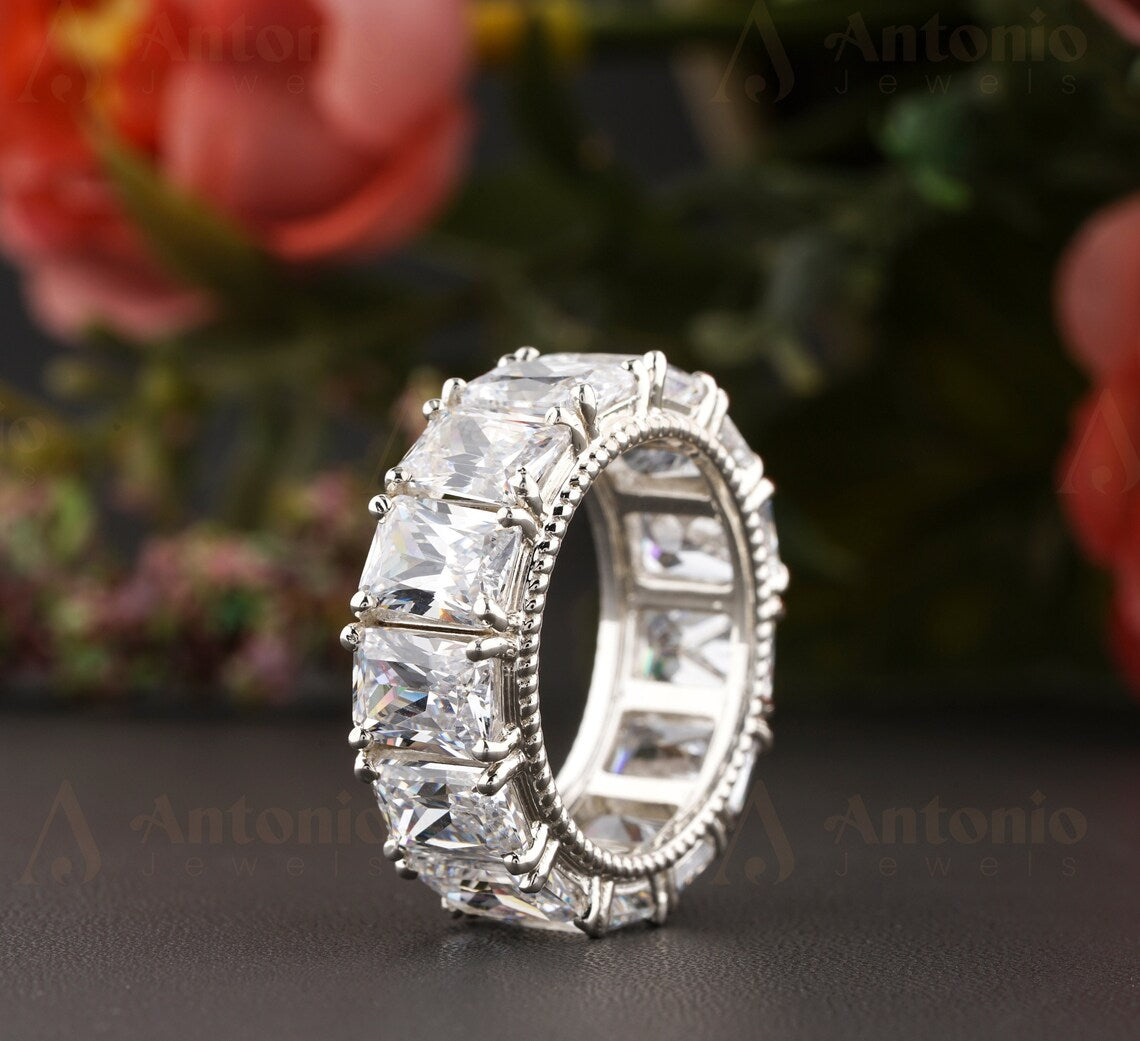 Emerald Cut Natural Moissanite Full Eternity Band