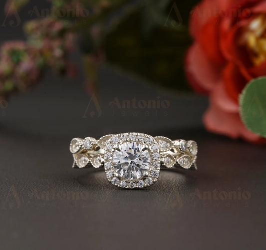 Half Eternity Halo Round Moissanite Diamond Engagement Ring Set