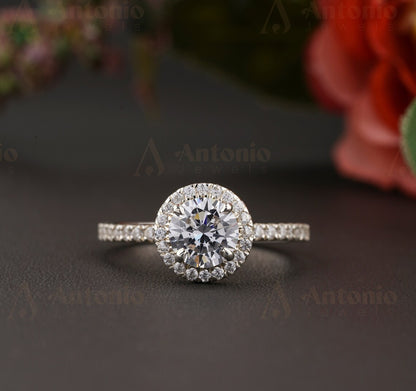 Half Eternity Halo Round Cut Moissanite Diamond Ring