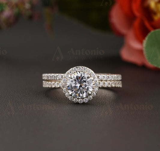 Half Eternity Round Cut Moissanite Diamond Engagement Ring Set
