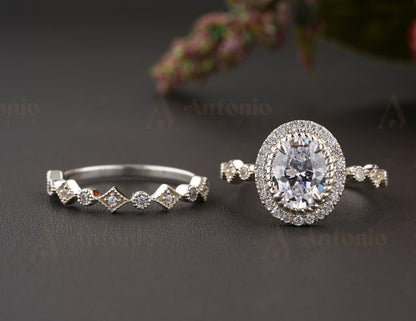 Halo Oval Moissanite Diamond Engagement Ring Set