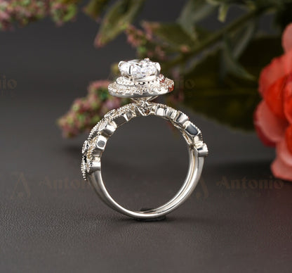 Halo Oval Moissanite Diamond Engagement Ring Set