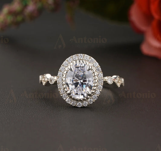 Art Deco Unique Oval Halo Moissanite Diamond Ring