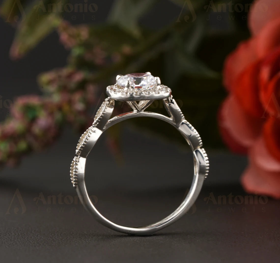 Half Eternity Halo Round Moissanite Diamond Engagement Ring