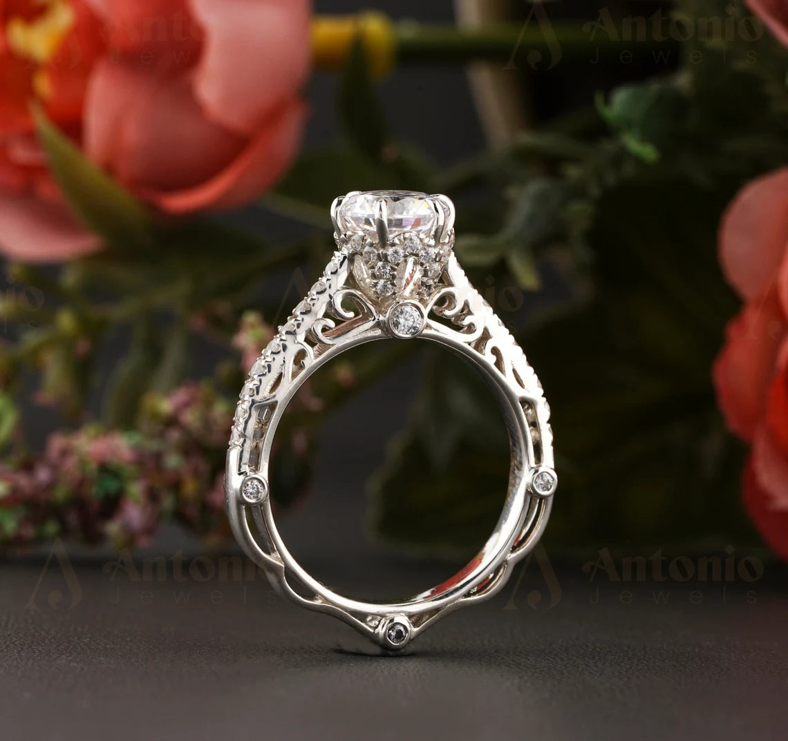 Unique Design Art Deco Round Diamond Engagement Ring
