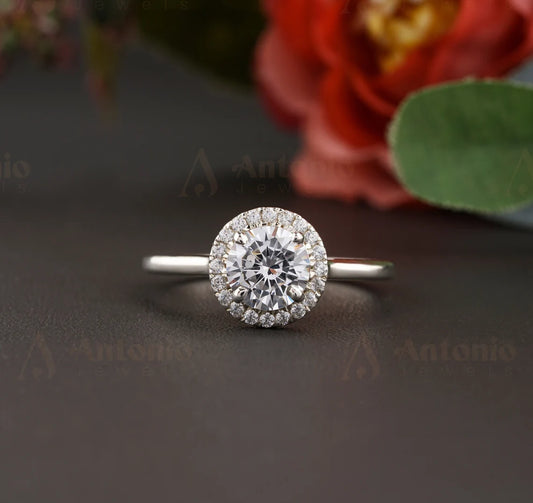 Simple Halo Round Moissanite Diamond Engagement Ring