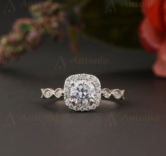 Half Eternity Halo Round Moissanite Diamond Engagement Ring