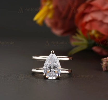 2.5CT Pear Cut Moissanite Double Band Engagement Ring