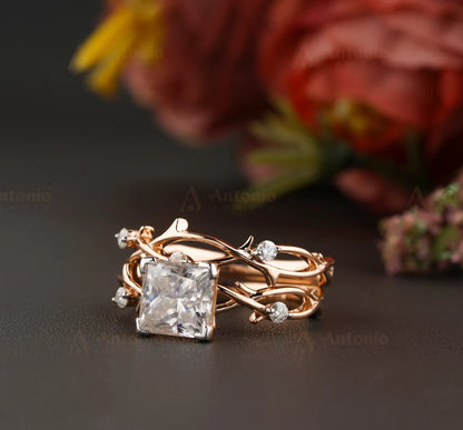 1 CT Radiant Moissanite Engagement Ring Set, Twig Ring Set