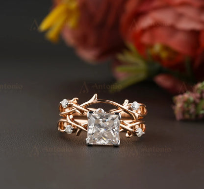 1 CT Radiant Moissanite Engagement Ring Set, Twig Ring Set