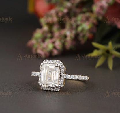 2CT Moissanite Elongated Emerald Cut Halo Engagement Ring