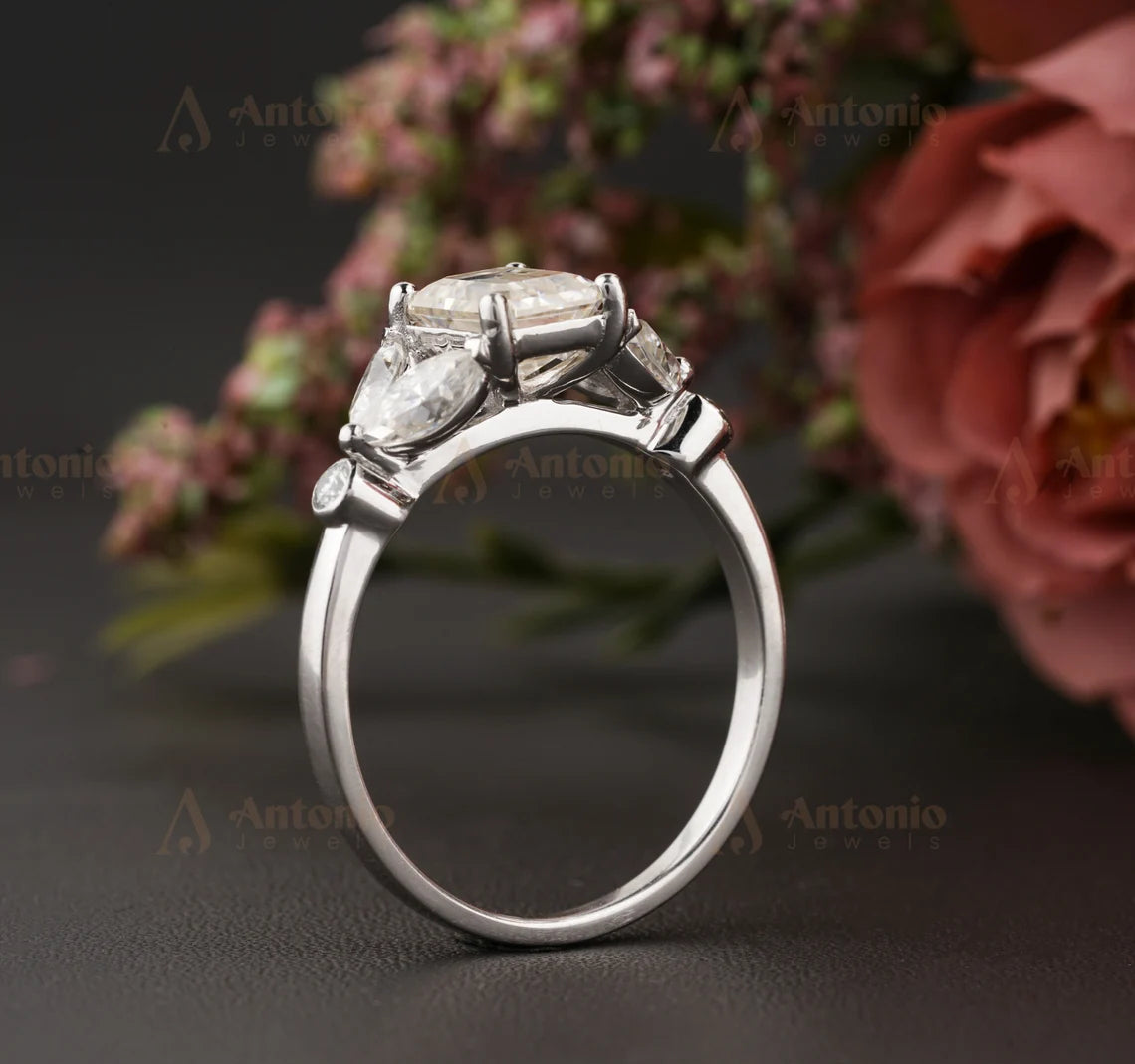 Vintage Unique Emerald Cut Moissanite Engagement Ring