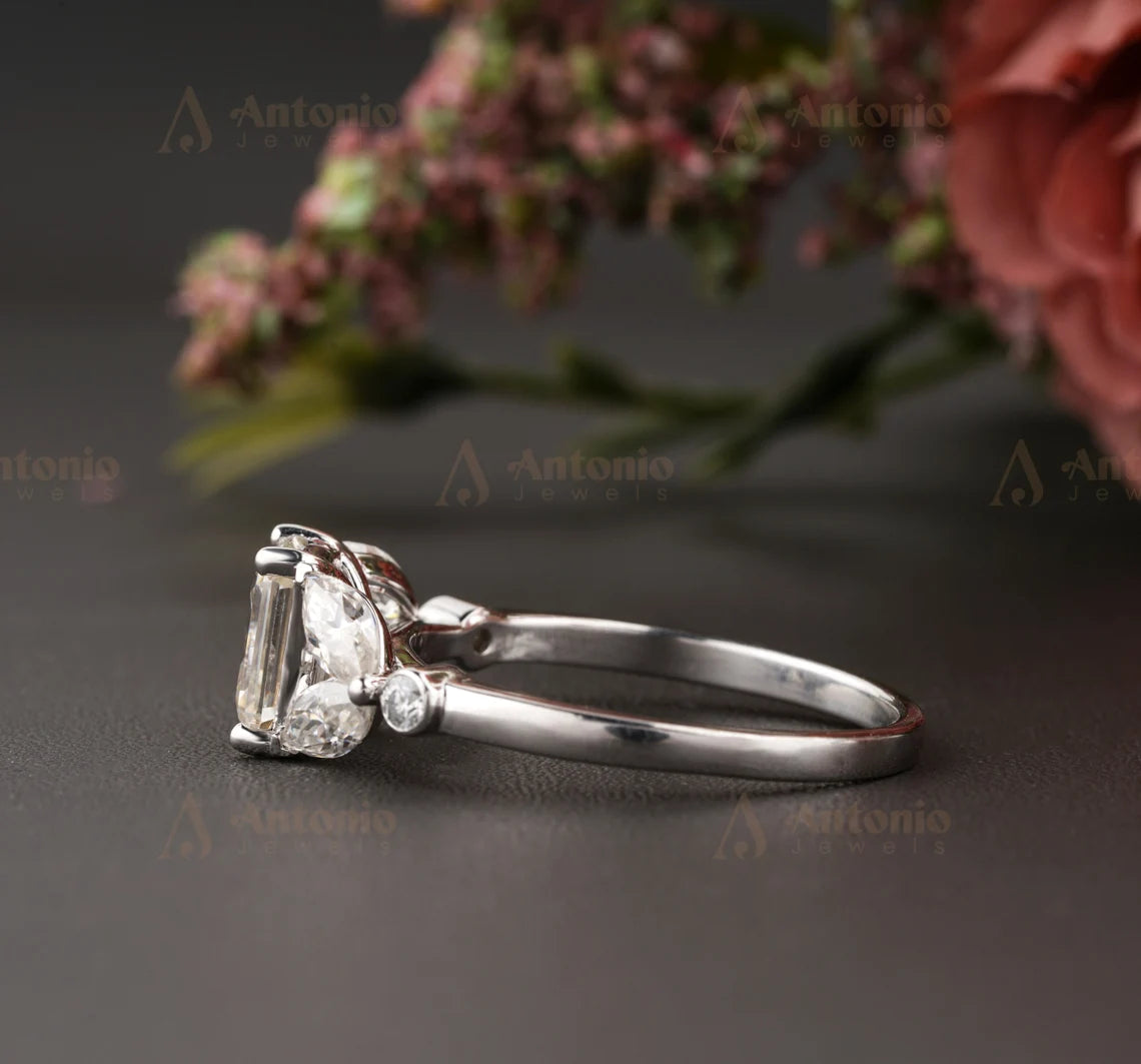 Vintage Unique Emerald Cut Moissanite Engagement Ring